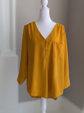 Fred David Mustard V-Neck Button Front Blouse XL